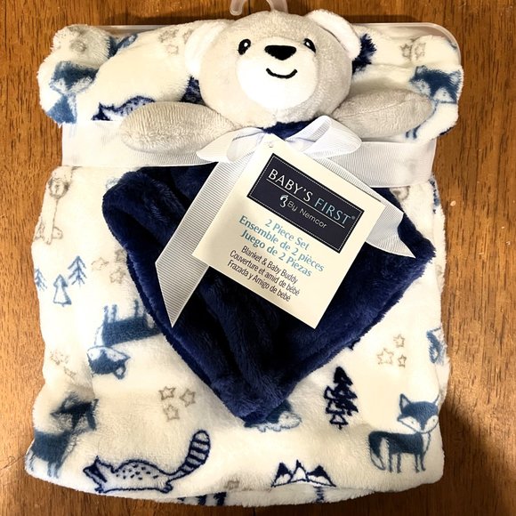 Plush Blue Grey Teddy Bear Security Blanket 2 Piece Set Baby's First by Nemcor - Picture 2 of 4